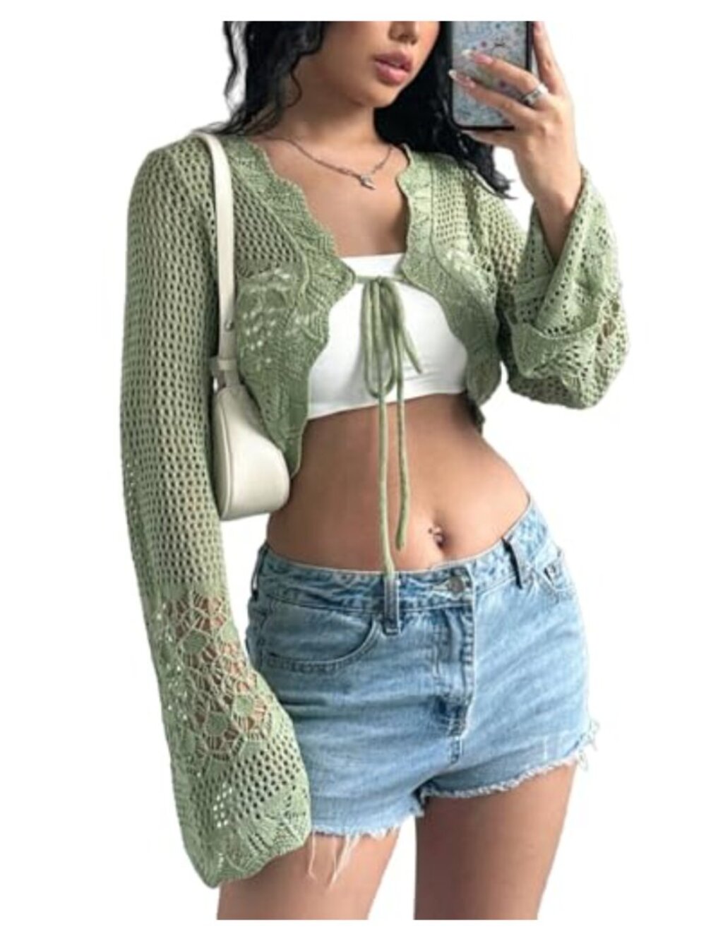 Women's Hollow Knit Tie Front Cropped Cardigan Bolero Shrug